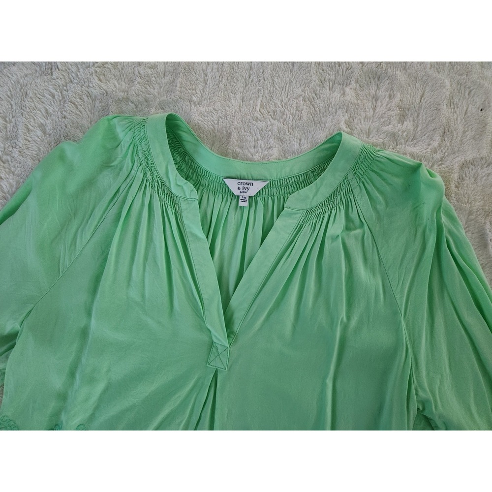 Crown & Ivy Lime Green Split Neck Peasant Blouse Petite Womens‎ Medium